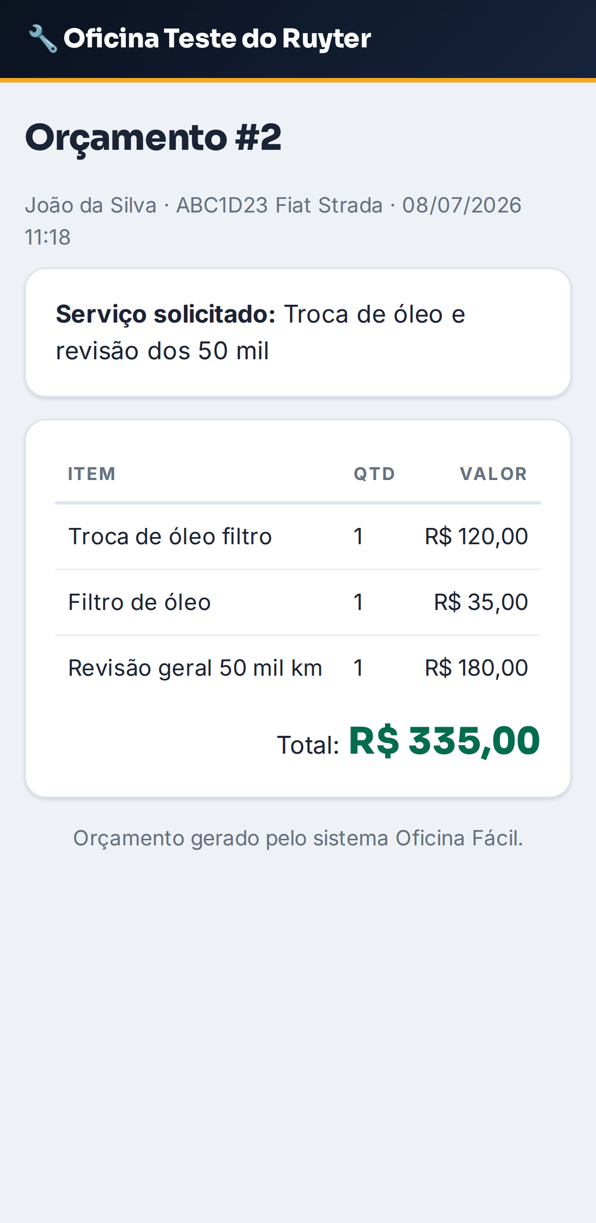 Orçamento aberto pelo cliente por link, sem login