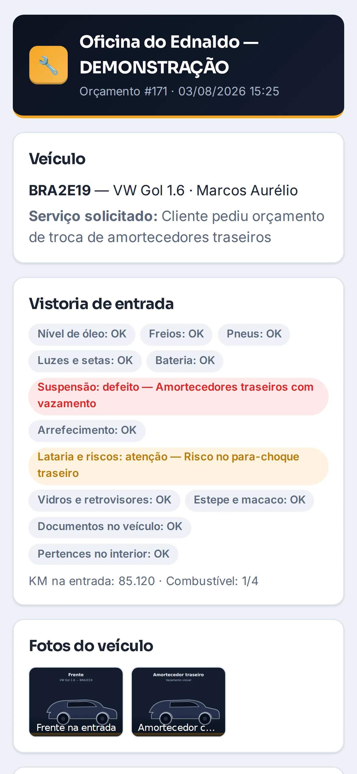 Orçamento aberto pelo cliente com botão de aprovar