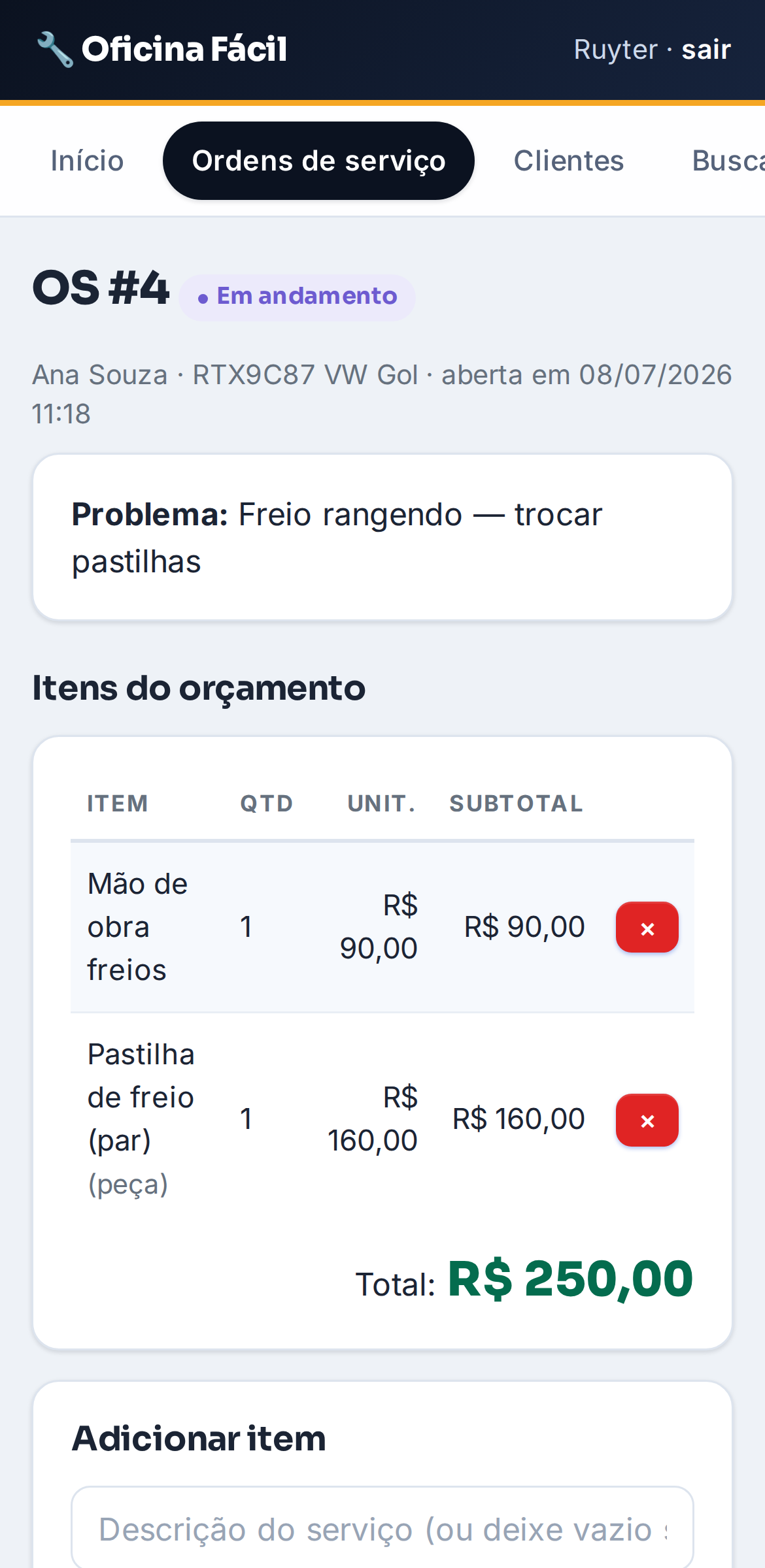Tela real do Oficina Fácil: OS nº 4 com itens e total