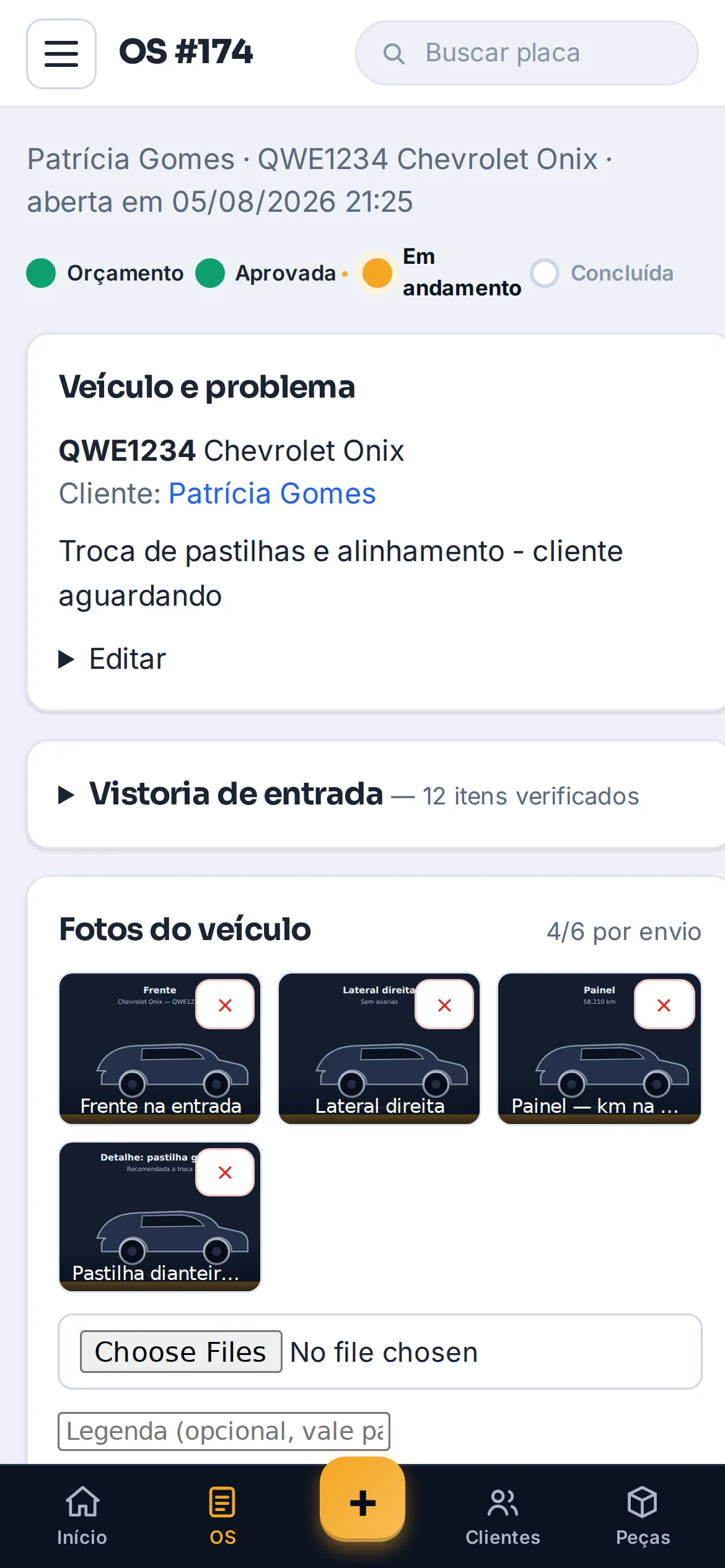 Tela real do Oficina Fácil: ordem de serviço com itens e total