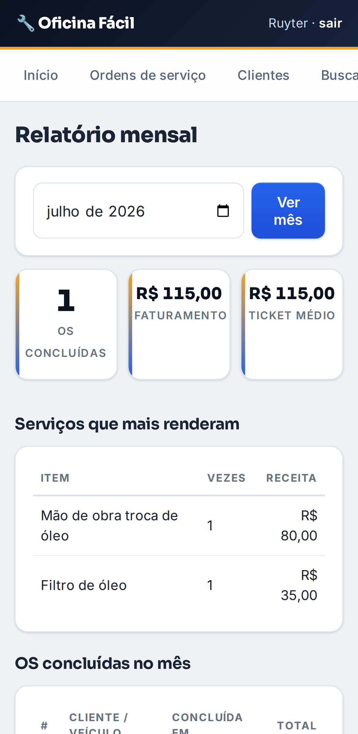 Relatório mensal com faturamento e serviços mais vendidos